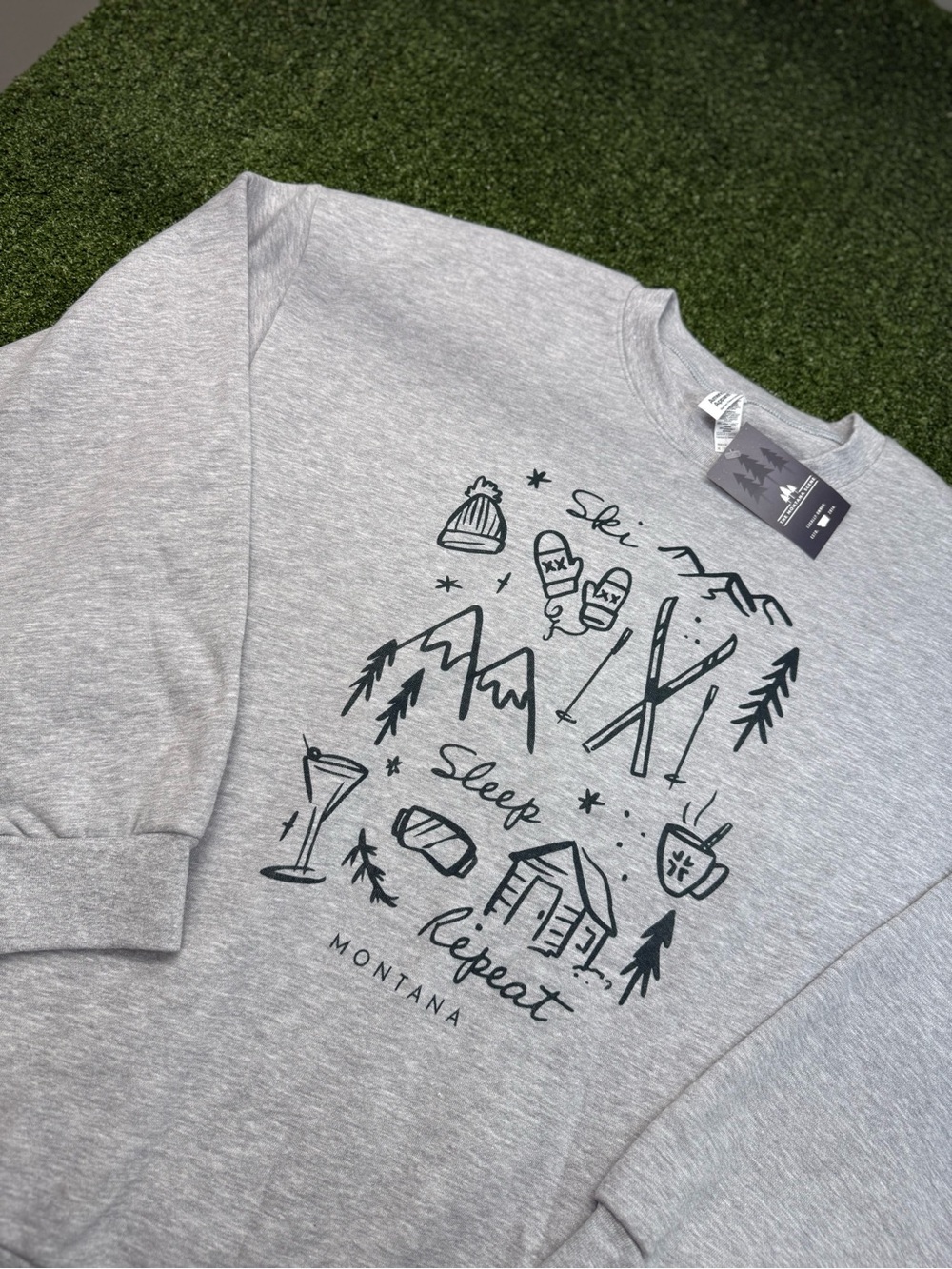 NWT The Montana‎ Scene "Ski Sleep Repeat" Grey Pullover Crewneck Mountains XL